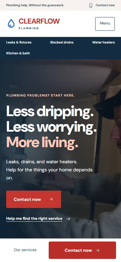 Mobile view of the Clearflow Plumbing example homepage